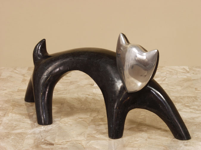 572-9507 - Kitten Sculpture, Black Stone with Stainless Finish