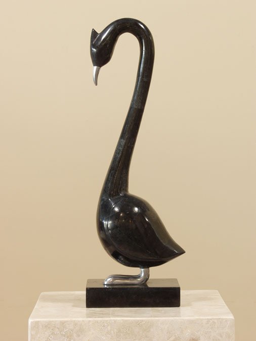 572-9537 - Standing Bird Sculpture, Black Stone with Stainless Finish
