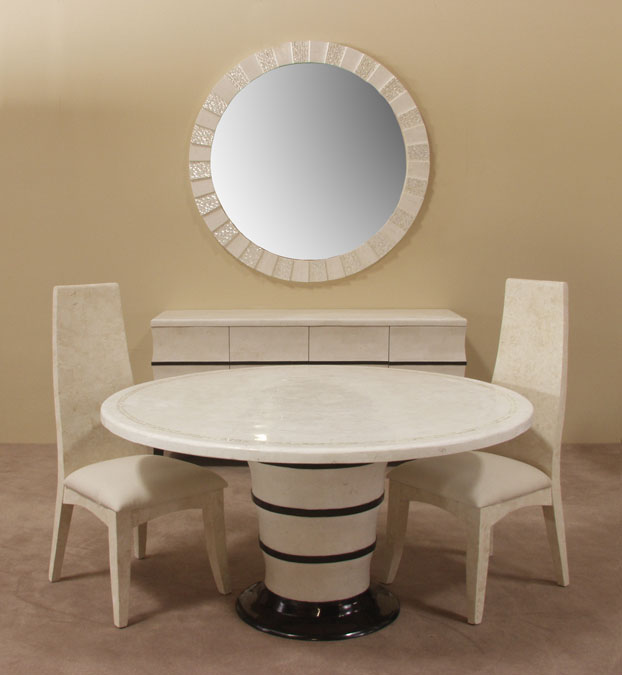 621-7385 - Vision Round Dining Table, White Agate Stone/Black Stone/Trocca Shell Finish