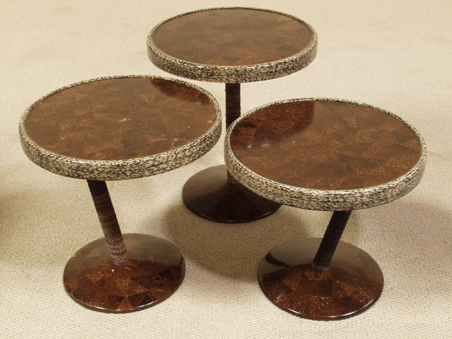 625-1260 - Rings Mushroom Tables, Dark Banana Bark with Wild Pearl Vine Finish (Sold in Set of 3)