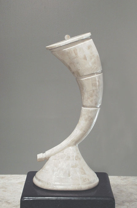64-0548 - Trumpet Sculpture, Beige Fossil Stone with 1/2 Handle on cover - for used as a Vase Holder.