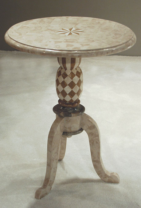 64/71/58-2107 - Bistro Side Table, Beige Fossil Stone with White Ivory and Wood Stone