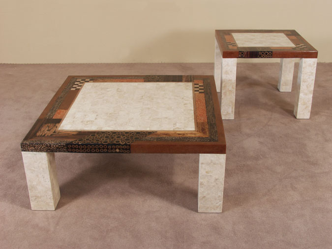 641-5702 - Collage Cocktail Table, Beige Fossil Stone with Natural Materials Finish