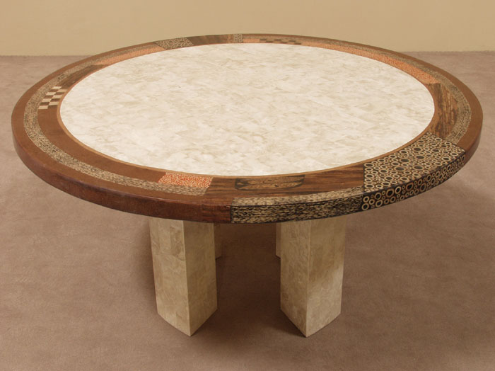 641-5708 - Collage Round Dining Table, Beige Fossil Stone with Natural Materials Finish