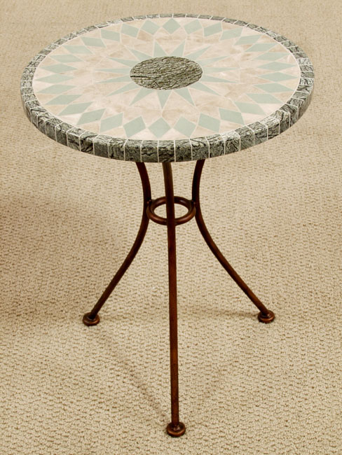 660-8708 - Sunflower Round Accent Table, 20 In High, Green Seafoam/Beige Fossil Stone/Serpentine Stone