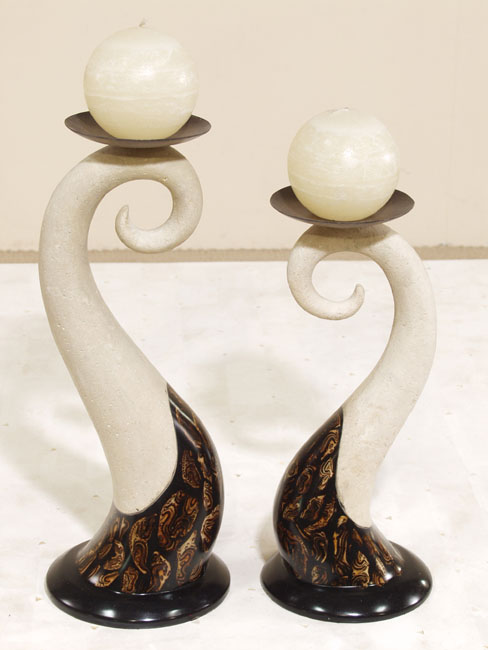 632-0450 - Wave Candleholder, Tall, Brown Malachite with White Aged Stone Finish