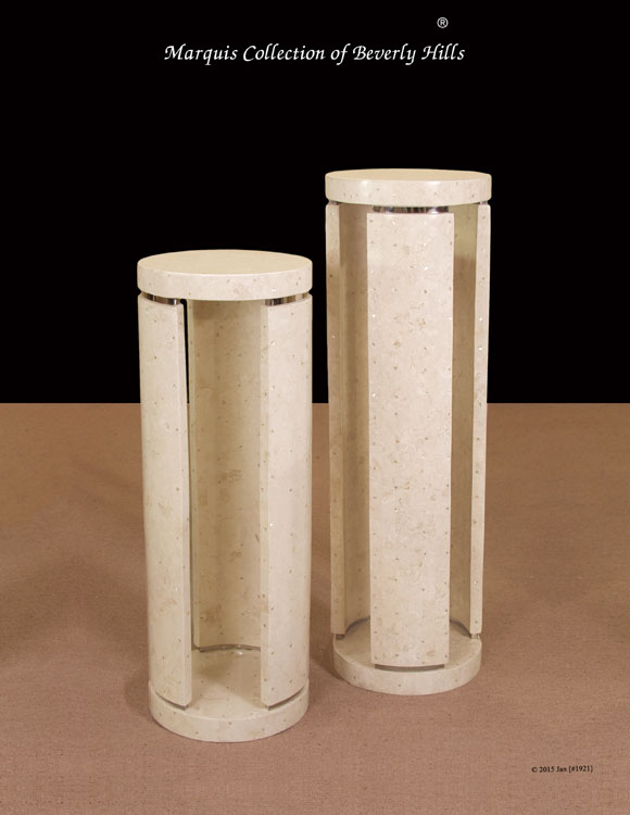 7-714-0-48-36 - 36 In. High Ultra Slim Contemporary Pedestal, Round, White Ivory Stone/Trocca Shell/Stainless Finish
