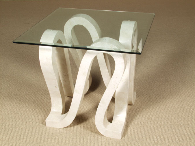 71-1353 - Ribbon Square Side Table, White Ivory Stone with Glass Top (Glass Size: 28x28)