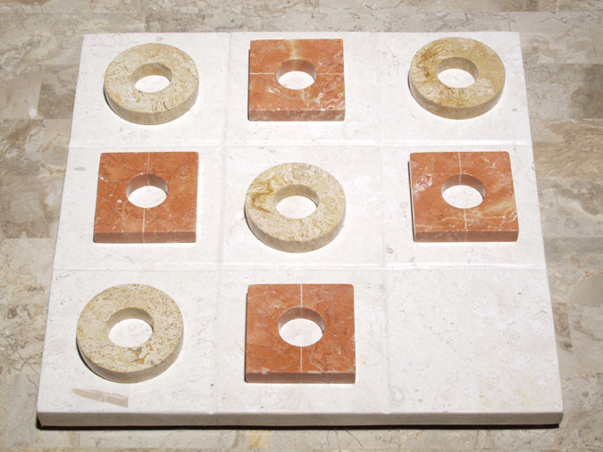 71/48-3451 - Tic Tac Toe Board Game, White Ivory Stone Board with Dark Peach Stone and Yellow Agate Stone Pieces