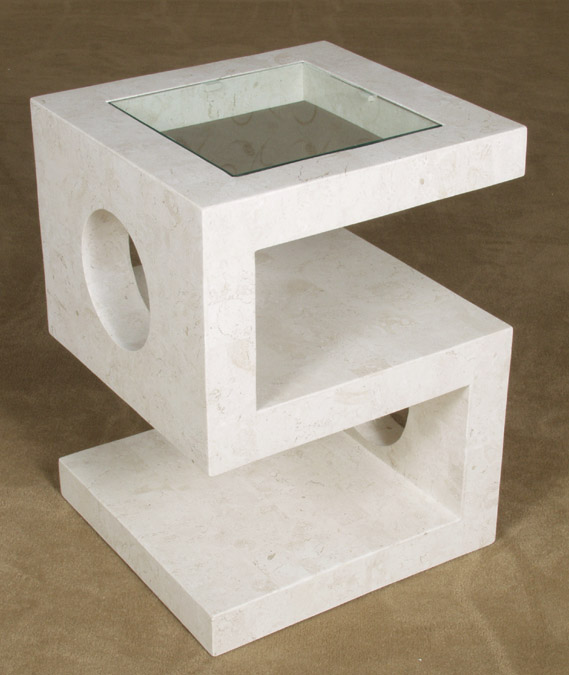 71-8007 - S-Side Table with Square Glass Insert, White Ivory Stone