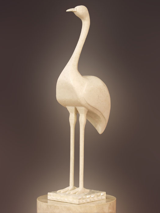711-0532 - Crane Sculpture, Head-up, White Ivory Stone with Trocca Shell Finish