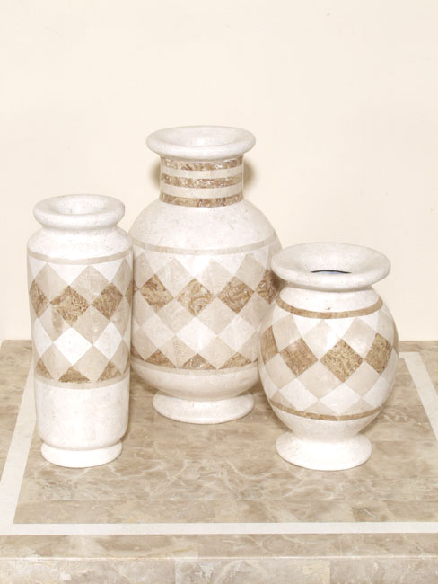 713-9458 - Checkered Vase, Small, White Ivory Stone/Beige Fossil Stone/Woodstone