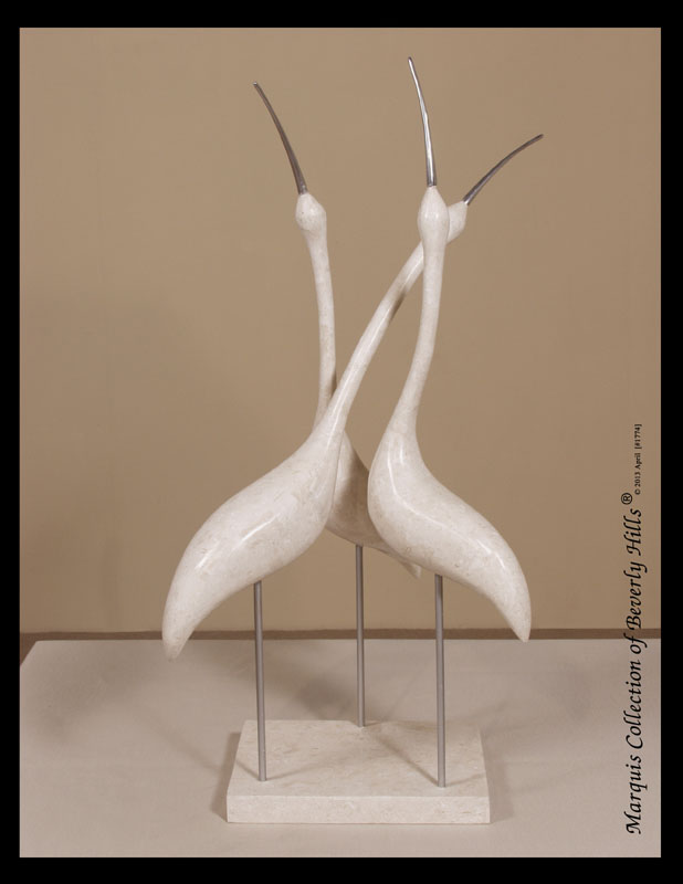715-9511 - 3-Heron Sculpture, White Ivory Stone with Stainless Finish