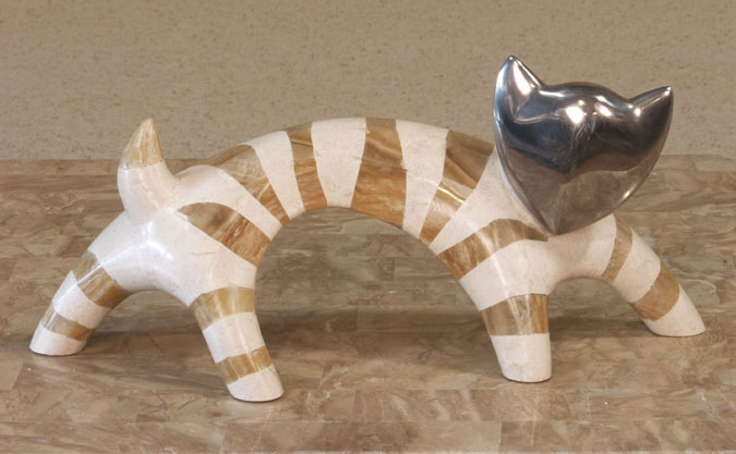 716-9507 - Kitten Sculpture, White Ivory Stone/Crystal Woodstone/Stainless Finish