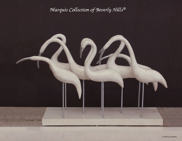 71E-9512 - Birds at the Beach Sculpture, White Ivory Stone with Pewter Beak