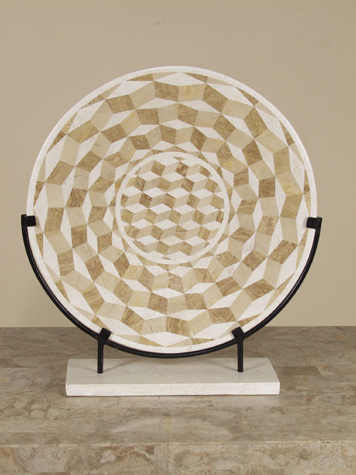 75B-4211 - 19 In. Illusion Plate on Iron Stand, White Ivory Stone/Woodstone/Beige Fossil Stone