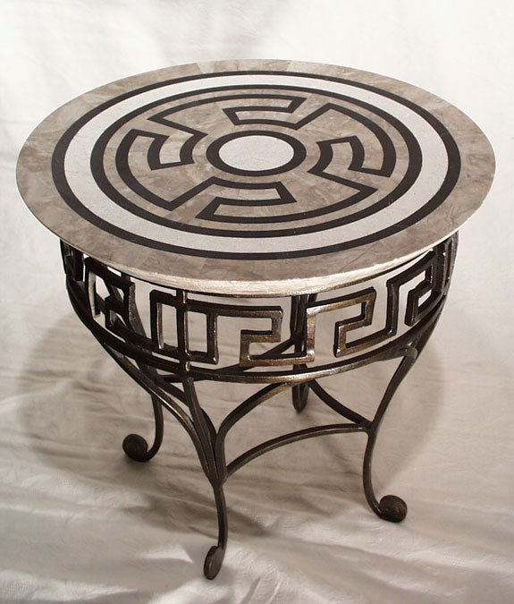 76-1480 - Maze Round Side Table (W 17-3/8 Diam) w/ Greek Key Iron Patter, Cantor Stone, White Ivory & Black Stone