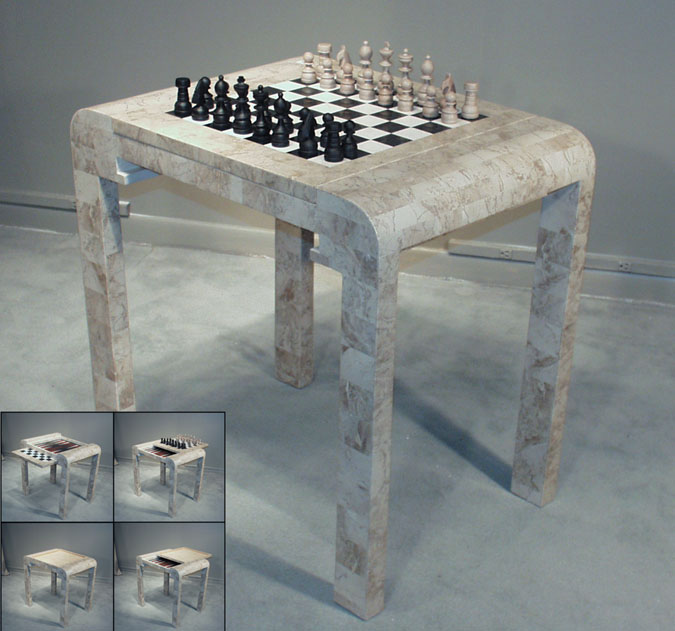 76-2611 - 3-In-1 Rectangular Game Table, Cantor Stone with White Ivory Stone and Black Stone Trim (with chess pieces)