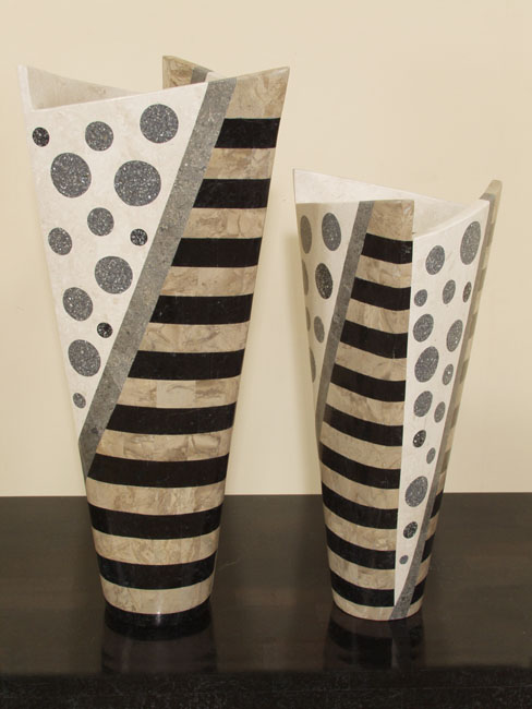761-9454B - Trio Vase, Short, Black Stone/Cantor Stone/White Ivory  Stone/Greystone/Crushed Shells