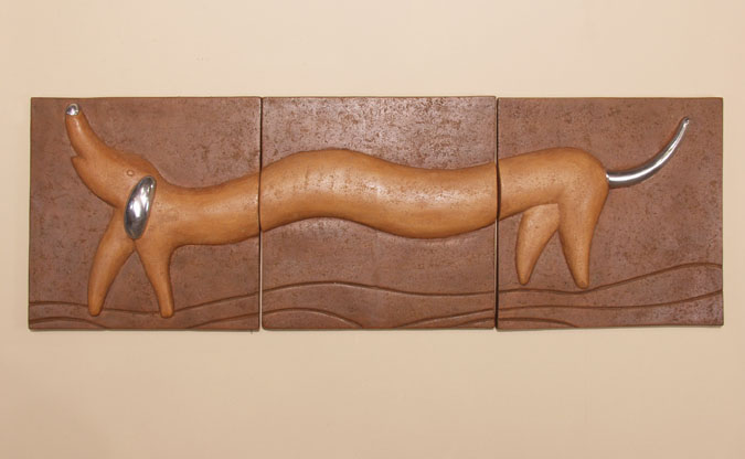 800-3701 - 'Daschund' 3-pc Wall Art, Chivalry Copper Daschund on Chestnut Brown Backgrnd Crushed Stone with Stainless Finish