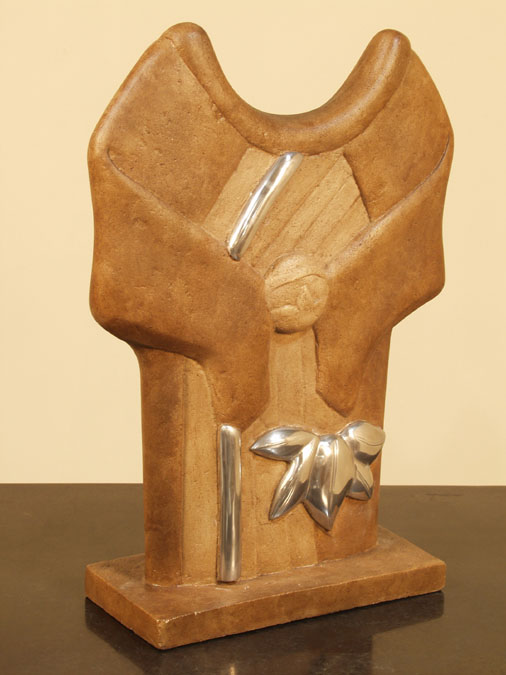 800-4222 - 'Ginza' Sculpture, Lt. Brown Leather (shoulders) with Arizona Tan (chest) Crushed Stone with Stainless Finish