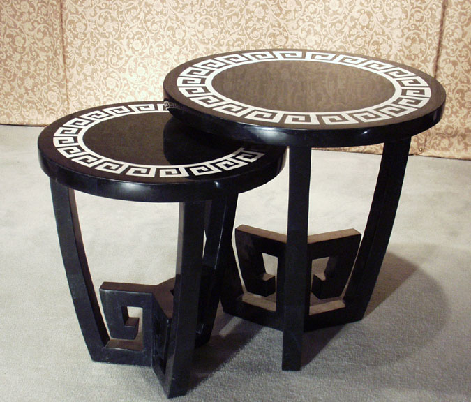 80A-2440 - Small Greek Key Side Table, Black Stone with White Ivory