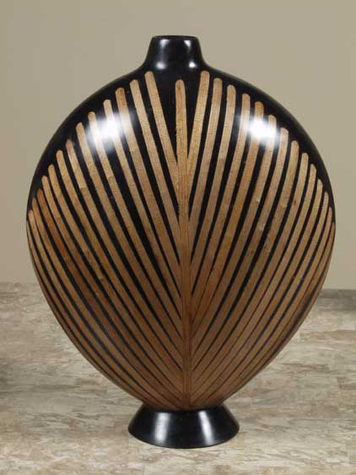 94-9420 - Celina Round Vase with Diagonal Honeycomb Cane Leaf Strips on Black Finish
