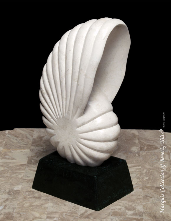 19-9517 - Chamber Nautilus Shell Sculpture, White Ivory Stone with Black Stone Base