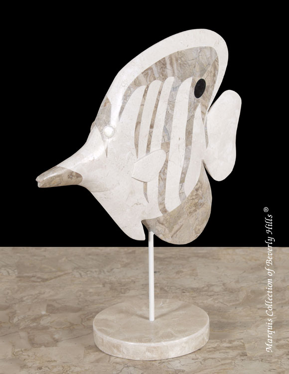 28C-9548 - Dory Tropical Fish Sculpture, White Ivory Stone/Cantor Stone/Beige Fossil Stone/Black Stone/MOP