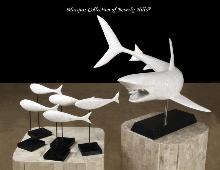 47B-9546 - School of Fish Sculpture - TABLE MODEL, Lt. Grey Agate with Black Stone (Sold in Set of 15 Pieces Only)