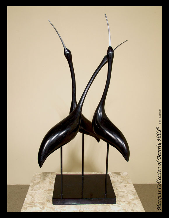 572-9511 - 3-Heron Sculpture, Black Stone with Stainless Finish