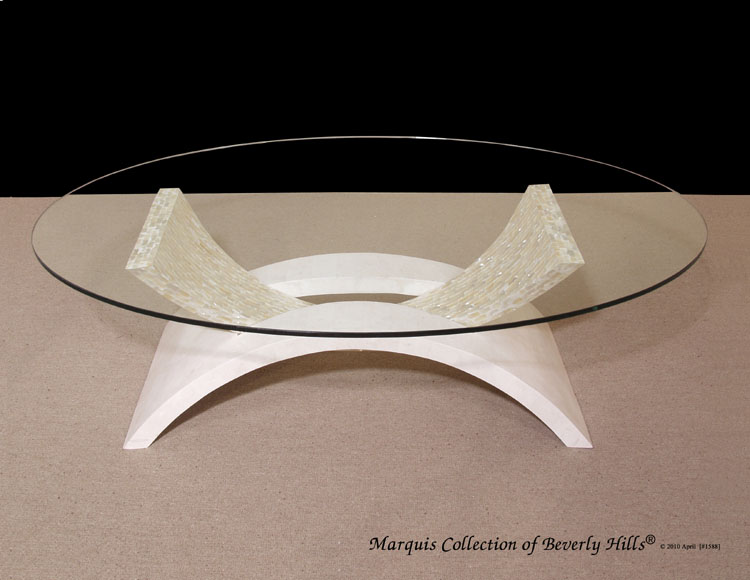 711-1373A - Mystique' Contemporary Cocktail Table, White Ivory Stone with Trocca Shell Trim and Oval Glass Top