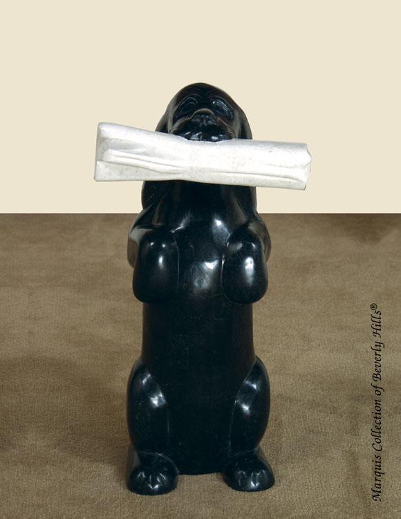 80A-0545 - Dog with a Paper Sculpture, Black Stone with White Ivory Stone