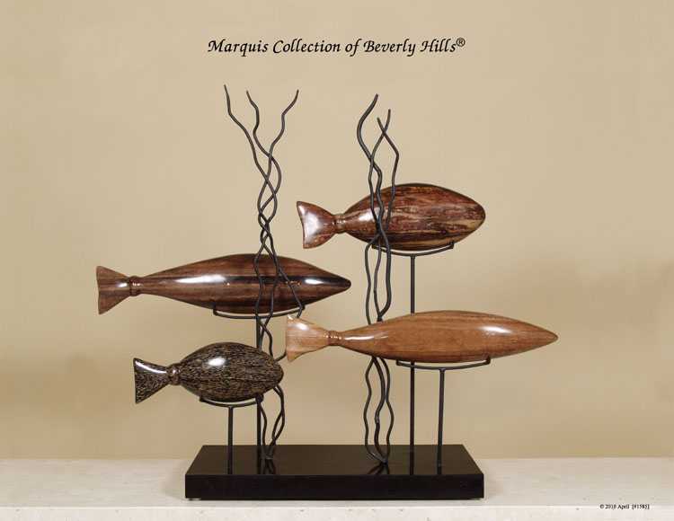 900-9542 - 'Aquamarine' 4-Fishes Sculpture, Natural Materials in Black Stone and Iron Stand