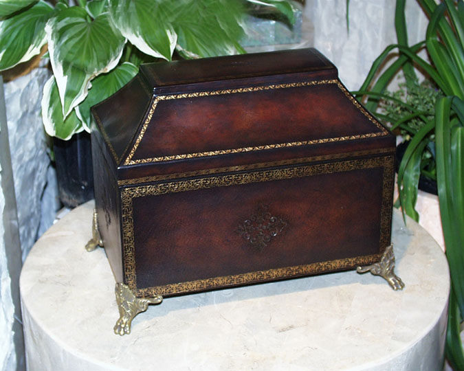 MBOX-0010 - Rectangular Dark Brown Leather Box with China Top  Carved Corner feet